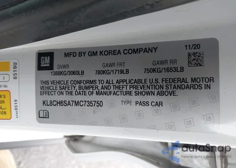 2021 Chevrolet Spark Fwd Activ Automatic z USA, uszkodzony, nr VIN KL8CH6SA7MC735750